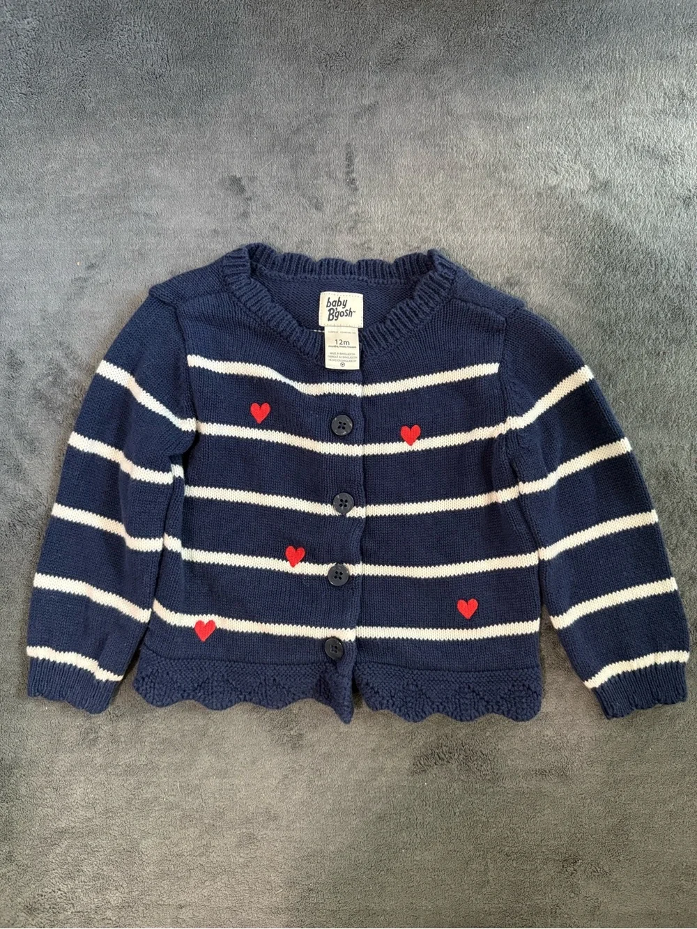 OshKosh B'gosh Navy & White Striped Cardigan with Red Heart Accents